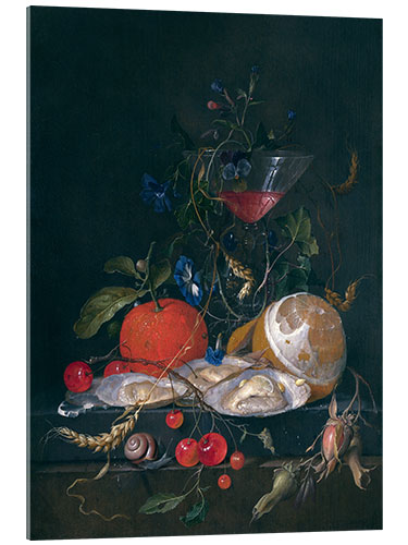 Akryylilasitaulu still life with a glass and oysters