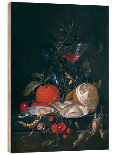 Wood print still life with a glass and oysters