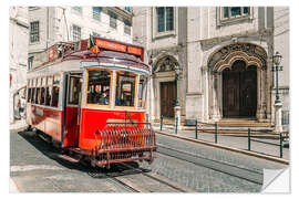 Selvklebende plakat Red Tram Travelling In Lisbon City