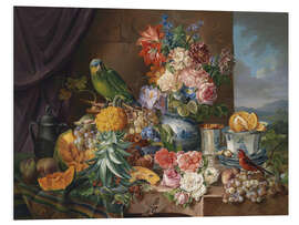 Foam board print Still life with fruits flowers and parrot