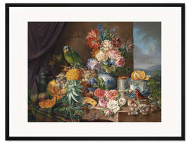Gerahmter Kunstdruck Stillleben mit Früchten Blumen und Papagei