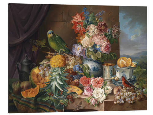 Gallery print Still life with fruits flowers and parrot