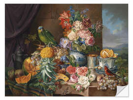 Sticker mural Nature morte aux fruits, aux fleurs et au perroquet