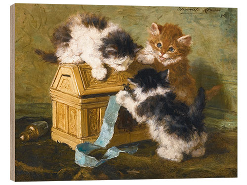 Tableau en bois Trois chatons avec une malle