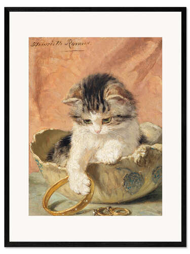 Impresión de arte enmarcada Un gatito juega con joyas