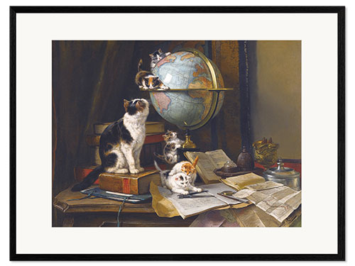 Ingelijste kunstdruk A cat with a globe