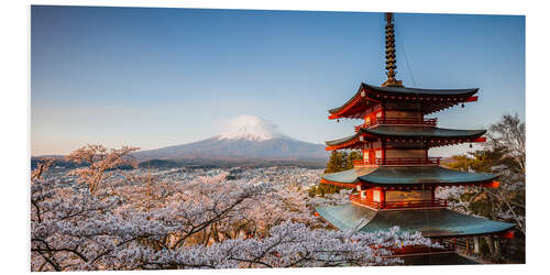 PVC-tavla Pagoda and Mt. Fuji with cherry blossom, Japan