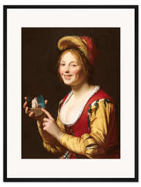 Gerahmter Kunstdruck Lächelndes Mädchen, eine Kurtisane, hält ein Obszän