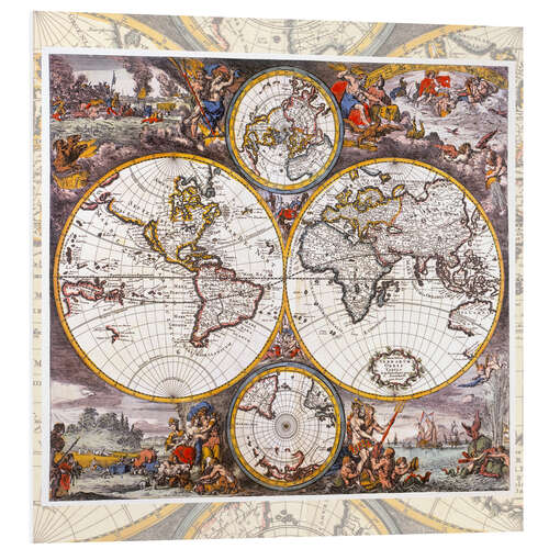 Print på skumplade World map with the four elements (around 1700)