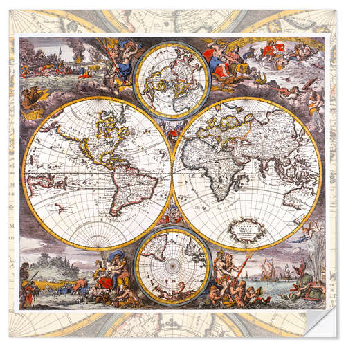 Selvklebende plakat World map with the four elements (around 1700)