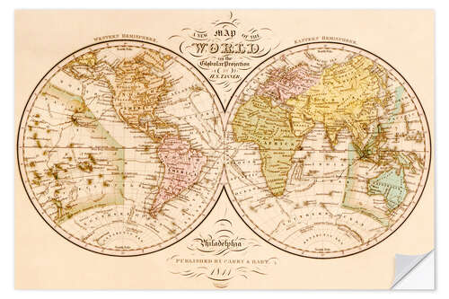 Adesivo murale Mappa del mondo intorno al 1844