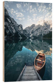 Wood print Braies lake moody sunrise