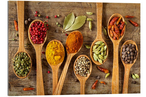 Quadro em plexi-alumínio Colorful spices in wooden spoons