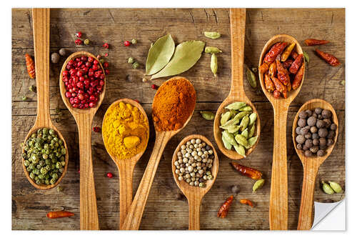 Selvklebende plakat Colorful spices in wooden spoons