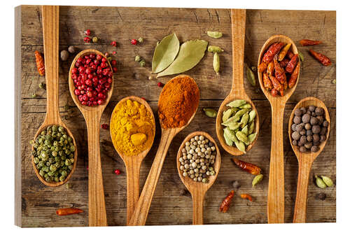 Quadro de madeira Colorful spices in wooden spoons