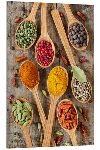 Aluminium print Colorful spices in wooden spoons