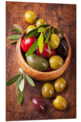 Foam board print Bowl with olives on a wooden table