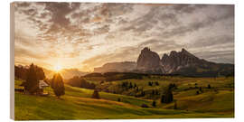 Wood print Sunrise at Alpe di Siusi