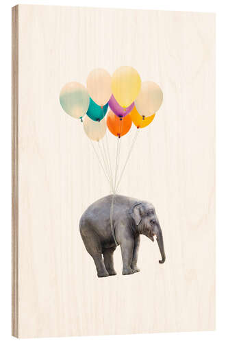 Wood print Elephant With Colourful Balloons