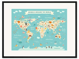 Gerahmter Kunstdruck Weltkarte mit Tieren (englisch)
