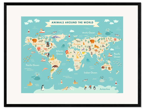 Kehystetty taidepainatus World Map With Animals (English)