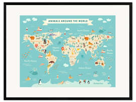 Kehystetty taidepainatus World Map With Animals (English)