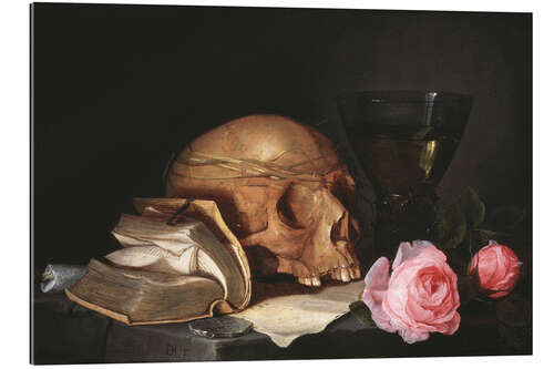 Quadro em plexi-alumínio A Vanitas Still Life with a Skull, a Book and Roses