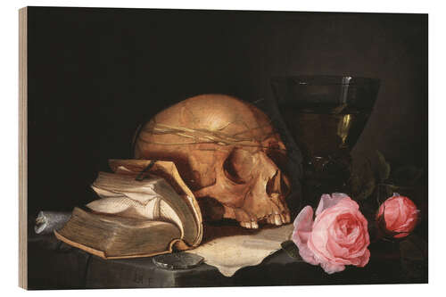 Holzbild Vanitas mit einem Schädel, einem Buch und Rosen