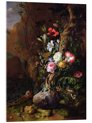 Akrylbilde Tree trunk surrounded by flowers, butterflies and animals