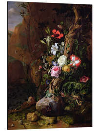 Quadro em alumínio Tree trunk surrounded by flowers, butterflies and animals