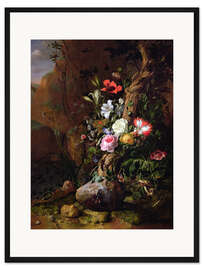 Gerahmter Kunstdruck Baumstamm umgeben von Blumen, Schmetterlingen und Tieren