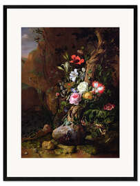 Framed art print Tree trunk surrounded by flowers, butterflies and animals