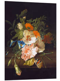 Foam board print Floral still life with butterflies on a stone bench