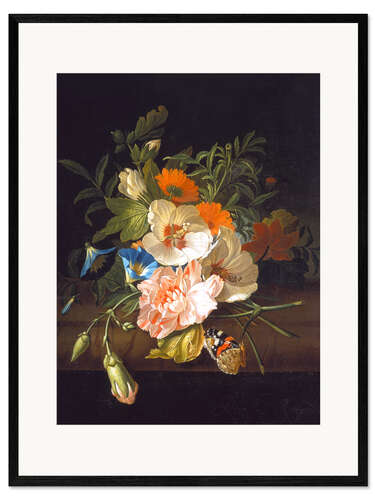 Framed art print Floral still life with butterflies on a stone bench