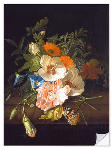 Naklejka na ścianę Floral still life with butterflies on a stone bench