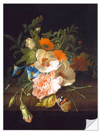 Naklejka na ścianę Floral still life with butterflies on a stone bench