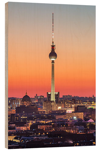 Hout print Berlin TV tower after sunset