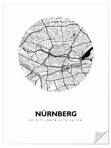 Selvklæbende plakat City map of Nuremberg, circle