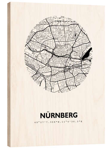 Wood print City map of Nuremberg, circle