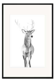 Gerahmter Kunstdruck Hirsch (schwarz und weiß)
