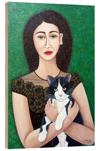 Hout print Woman with cat soul