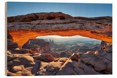 Wood print sunrise at Mesa Arch in Canyonlands National Park, Island in the Sky, Moab, Utah, USA, North America