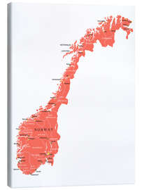 Tableau sur toile  Carte de la Norvège corail (anglais)