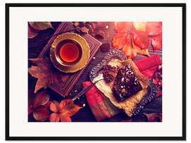 Gerahmter Kunstdruck Schokoladenkuchen und eine Tasse Tee