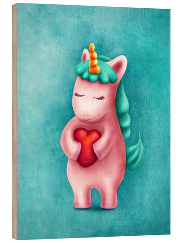 Wood print Sweet unicorn with heart