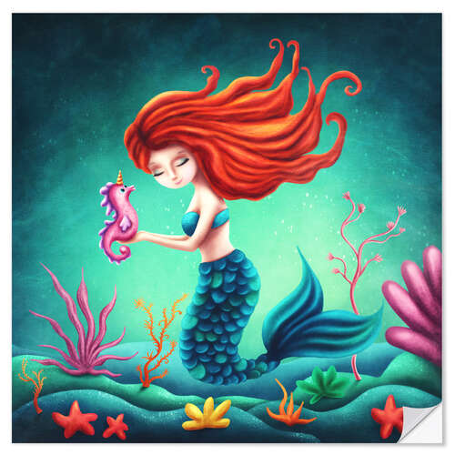 Selvklebende plakat Mermaid and little seahorse