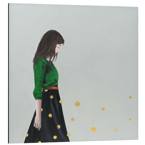 Aluminiumsbilde Golden dots (polka ddots) - portrait of a young woman