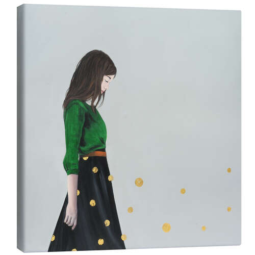 Canvas print Golden dots (polka ddots) - portrait of a young woman