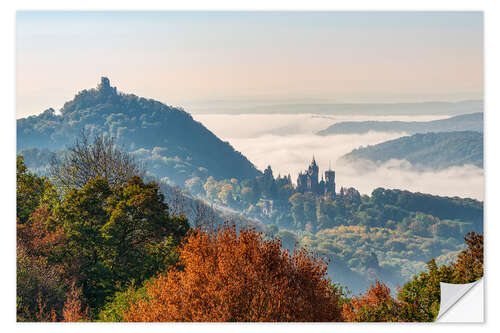 Selvklebende plakat Drachenfels with fog in the Rhine Valley