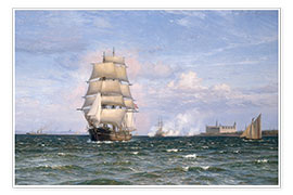 Plakat Sejlskib ud for Kronborg Slot med Helsingør i baggrunden